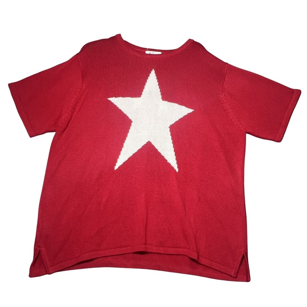 The Quacker‎ Factory Women's Red White Star Knit Sweater Top 1X Short Sleeve